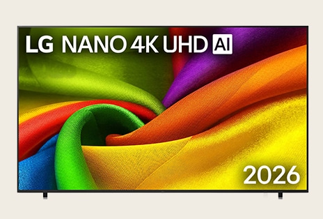 LG NANO 4K UHD vyplňuje obrazovku hladkými, plynulými vrstvami živých barev a textur připomínajících látku, zatímco se po displeji rozprostírají zakřivené barevné záhyby.