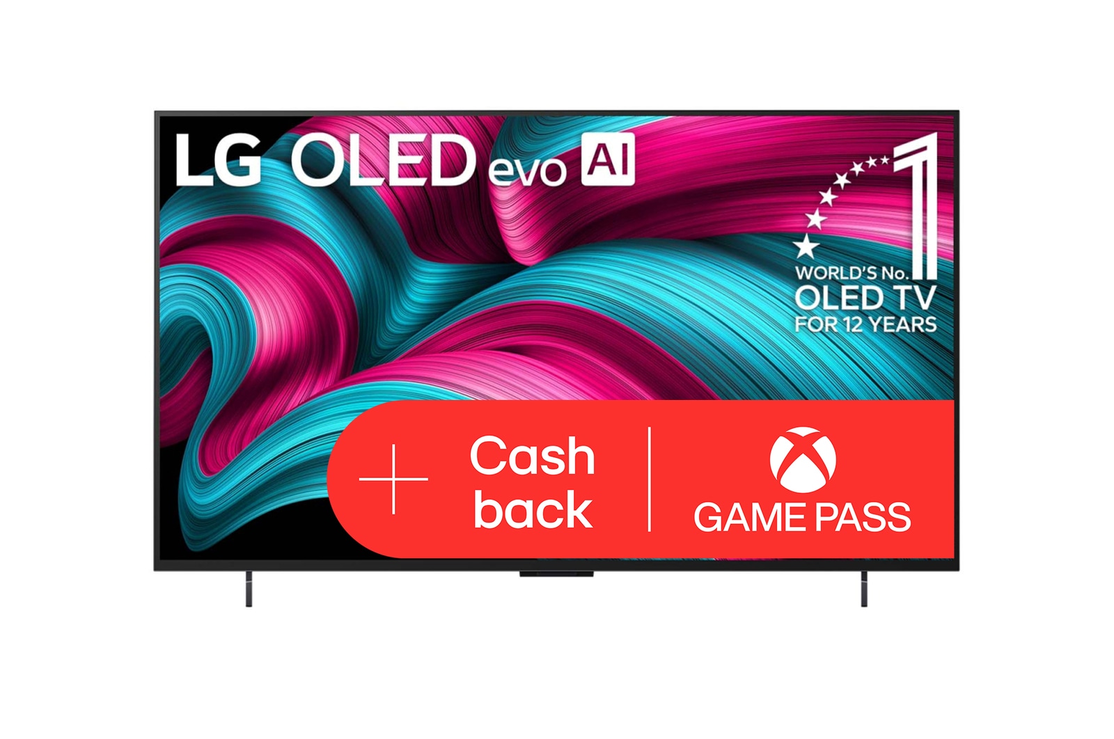 Čelní pohled na LG OLED evo AI C5 4K Smart TV. Na obrazovce je emblém 12 let světové jedničky OLED a logo LG OLED evo AI 2025.