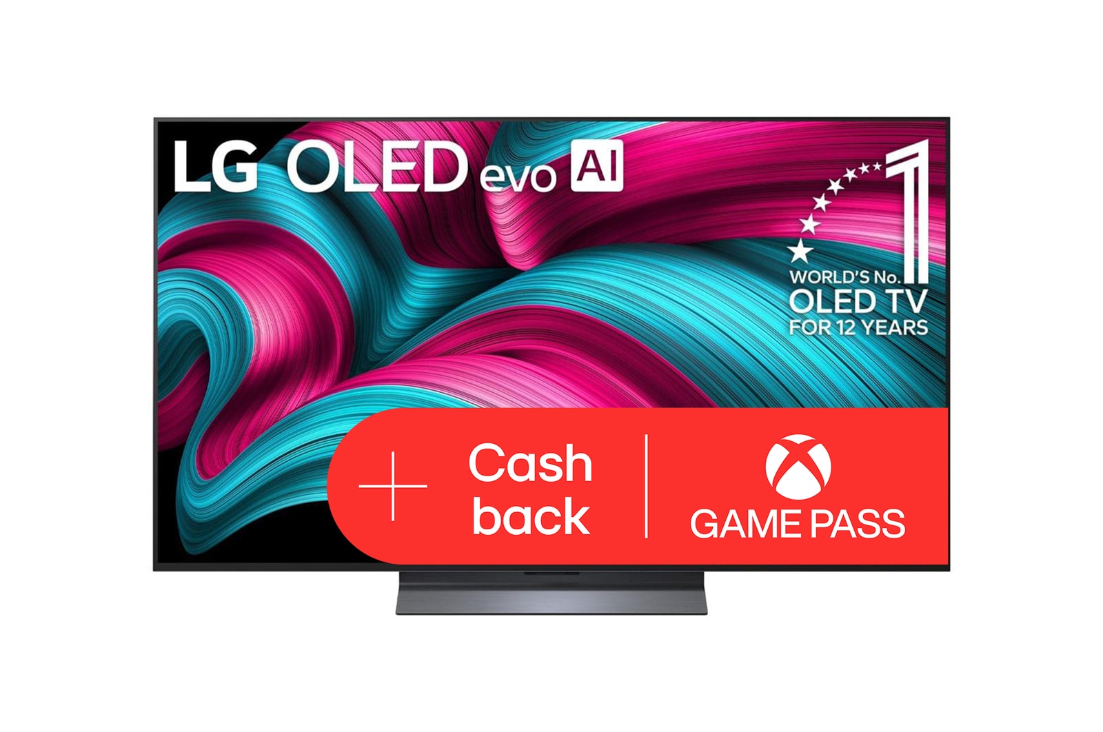 Čelní pohled na LG OLED evo AI C5 4K Smart TV. Na obrazovce je emblém 12 let světové jedničky OLED a logo LG OLED evo AI 2025.