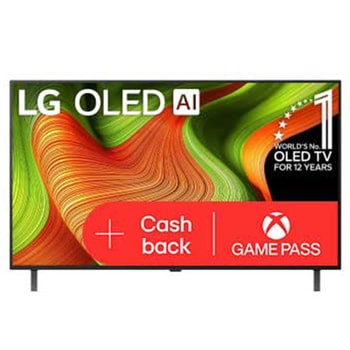 Čelní pohled na LG OLED AI B5 4K Smart TV. Na obrazovce je emblém 12 let světové jedničky OLED a logo LG OLED AI 2025.