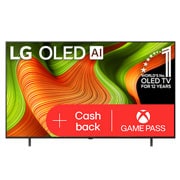 Čelní pohled na LG OLED AI B5 4K Smart TV. Na obrazovce je emblém 12 let světové jedničky OLED a logo LG OLED AI 2025.