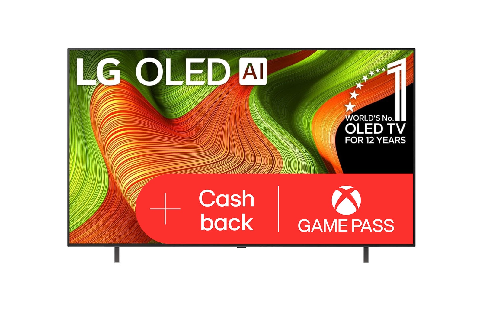 Čelní pohled na LG OLED AI B5 4K Smart TV. Na obrazovce je emblém 12 let světové jedničky OLED a logo LG OLED AI 2025.