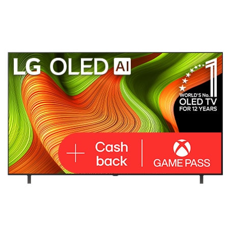 Čelní pohled na LG OLED AI B5 4K Smart TV. Na obrazovce je emblém 12 let světové jedničky OLED a logo LG OLED AI 2025.
