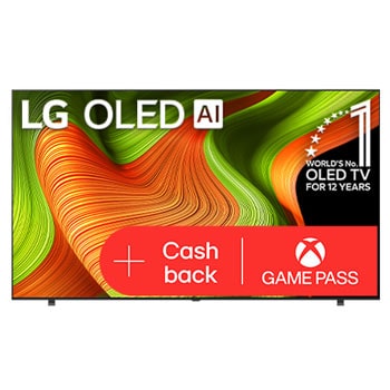 Čelní pohled na LG OLED AI B5 4K Smart TV. Na obrazovce je emblém 12 let světové jedničky OLED a logo LG OLED AI 2025.