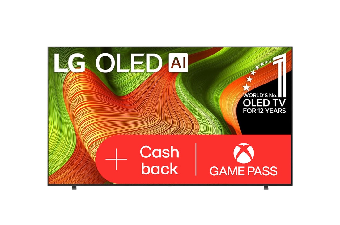 Čelní pohled na LG OLED AI B5 4K Smart TV. Na obrazovce je emblém 12 let světové jedničky OLED a logo LG OLED AI 2025.