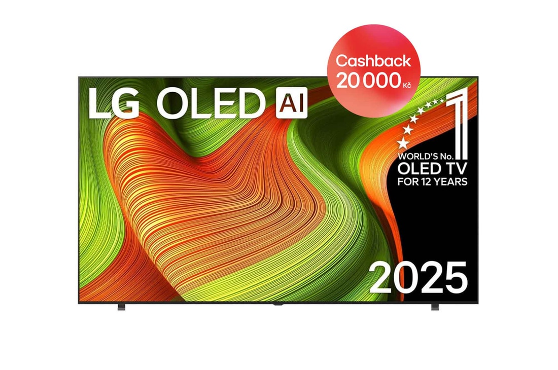 Čelní pohled na LG OLED AI B5 4K Smart TV. Na obrazovce je emblém 12 let světové jedničky OLED a logo LG OLED AI 2025.