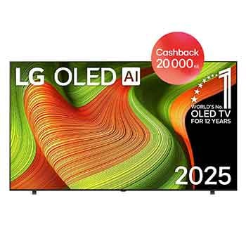 Čelní pohled na LG OLED AI B5 4K Smart TV. Na obrazovce je emblém 12 let světové jedničky OLED a logo LG OLED AI 2025.