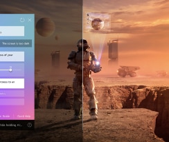 Na obrazovce LG QNED TV se přehrává sci-fi obsah. Na obrazovce je rozhraní AI Chatbot. Uživatel napsal chatbotovi, že obrazovka je příliš tmavá. Chatbot nabídl možnosti řešení požadavku. Celá scéna je také rozdělena na dvě části. Jedna polovina je tmavší, druhá jasnější, demonstrující, jak AI Chatbot automaticky vyřešil situaci pro uživatele.