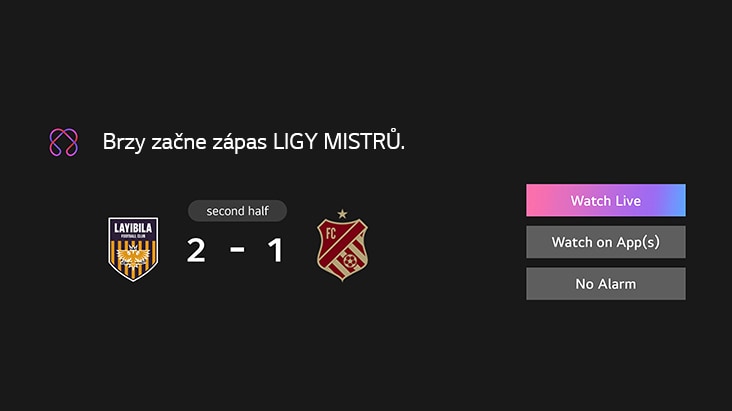 Zobrazí se sportovní oznámení. Je to připomínka, že za chvíli začne zápas Ligy mistrů. Jsou vidět i tlačítka CTA, sledovat živě, sledovat v aplikaci, bez budíku.