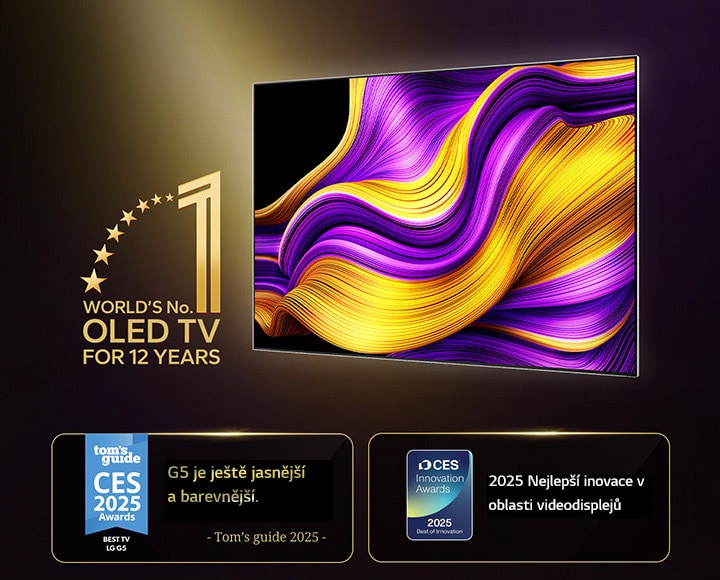 LG OLED TV s emblémem světové jedničky mezi OLED TV po dobu 12 let. Součástí jsou také získaná ocenění. Tom's Guide 2025 CES Awards, Best TV, G5 se zdá být ještě jasnější a barevnější. 2025 CES Innovation Awards, 2025 Best of Innovation v kategorii video displejů.