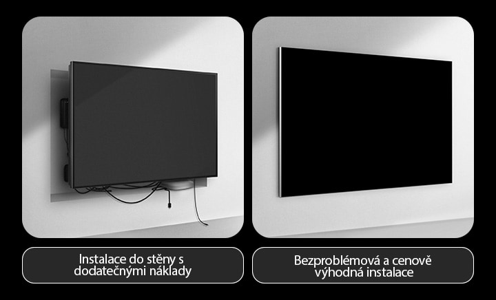 Srovnání televizoru s kabelovým připojením a televizoru LG True Wireless, pokud jde o instalaci. Na straně televizoru s kabelovým připojením se zdá, že je zapotřebí dodatečné konstrukce, aby se všechna ostatní zařízení mohla skrýt za televizor. Skrz mezery je stále vidět nepořádek a kabely. Titulek uvádí: Instalace do stěny s dodatečnými náklady. Na straně televizoru LG True Wireless je televizor čistě připevněn ke stěně. Nejsou vidět žádné kabely ani zařízení. Titulek uvádí: Bezproblémová a bezplatná instalace.