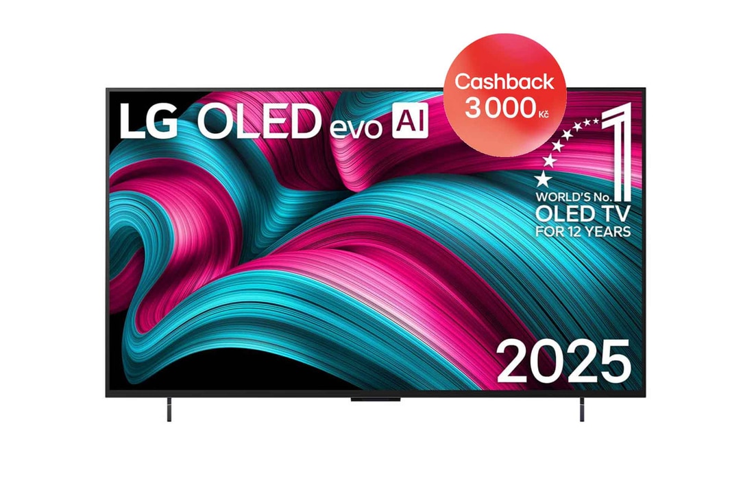 Čelní pohled na LG OLED evo AI C5 4K Smart TV. Na obrazovce je emblém 12 let světové jedničky OLED a logo LG OLED evo AI 2025.