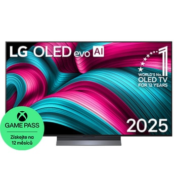 Čelní pohled na LG OLED evo AI C5 4K Smart TV. Na obrazovce je emblém 12 let světové jedničky OLED a logo LG OLED evo AI 2025.