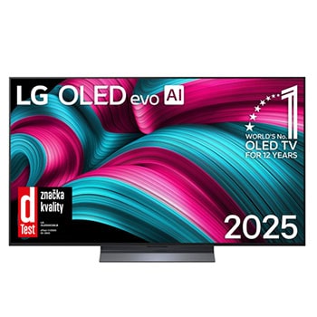 Čelní pohled na LG OLED evo AI C5 4K Smart TV. Na obrazovce je emblém 12 let světové jedničky OLED a logo LG OLED evo AI 2025.