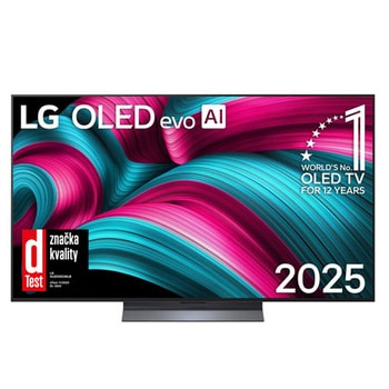 Čelní pohled na LG OLED evo AI C5 4K Smart TV. Na obrazovce je emblém 12 let světové jedničky OLED a logo LG OLED evo AI 2025.