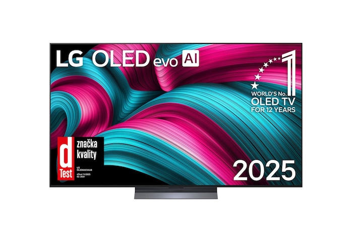 Čelní pohled na LG OLED evo AI C5 4K Smart TV. Na obrazovce je emblém 12 let světové jedničky OLED a logo LG OLED evo AI 2025.