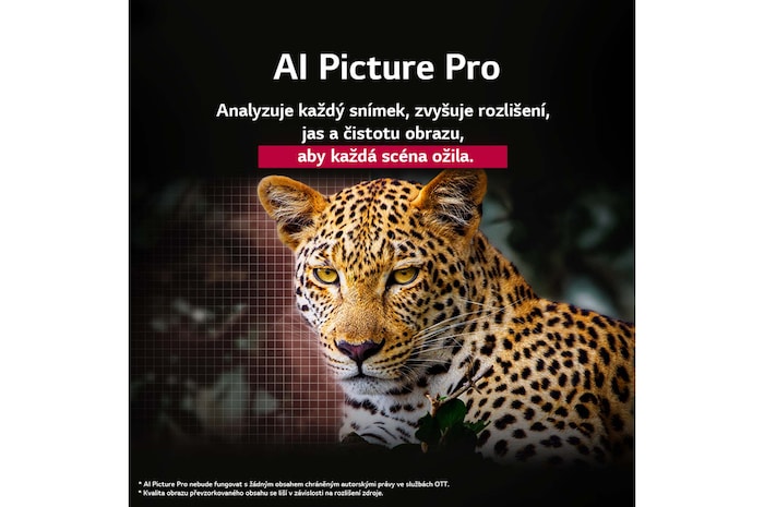 Leopard v lese v živých barvách a detailech. Leopard má mřížku a světlo, které za ním svítí, což naznačuje, jak aplikace LG AI Picture Pro působivě vizuálně vylepšila rozlišení, jas, hloubku a čistotu scény.