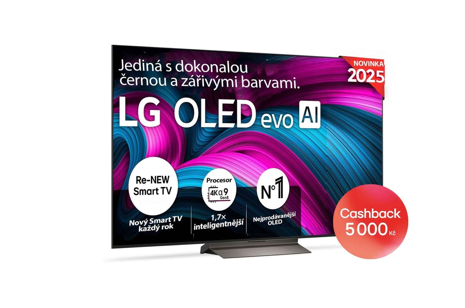 Čelní pohled na LG OLED evo AI C5 4K Smart TV. Na obrazovce je emblém 12 let světové jedničky OLED a logo LG OLED evo AI 2025.
