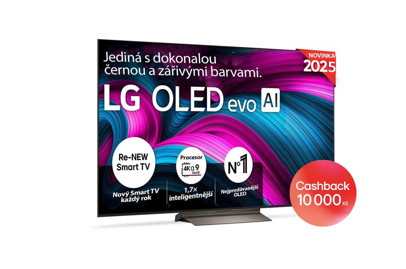 Čelní pohled na LG OLED evo AI C5 4K Smart TV. Na obrazovce je emblém 12 let světové jedničky OLED a logo LG OLED evo AI 2025.