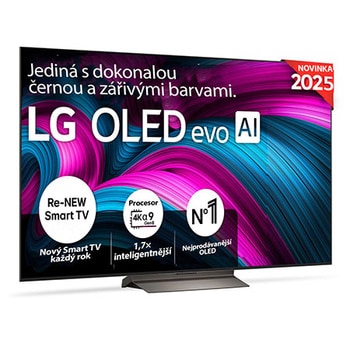 Čelní pohled na LG OLED evo AI C5 4K Smart TV. Na obrazovce je emblém 12 let světové jedničky OLED a logo LG OLED evo AI 2025.