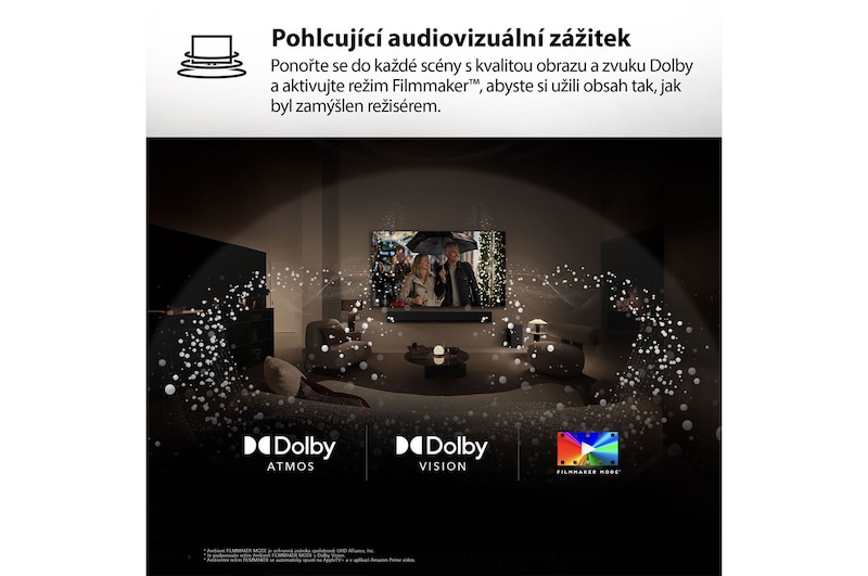 Obrazovka LG TV s dálkovým ovladačem AI Magic Remote v popředí. Je zvýrazněno tlačítko AI a textová bublina zobrazující text „navrhni mi film, který se mi bude líbit“. Obrazovka zobrazuje uživatelskou ikonu E, demonstrující schopnost AI Voice ID rozpoznat uživatele podle hlasu a nabídnout osobní doporučení. 