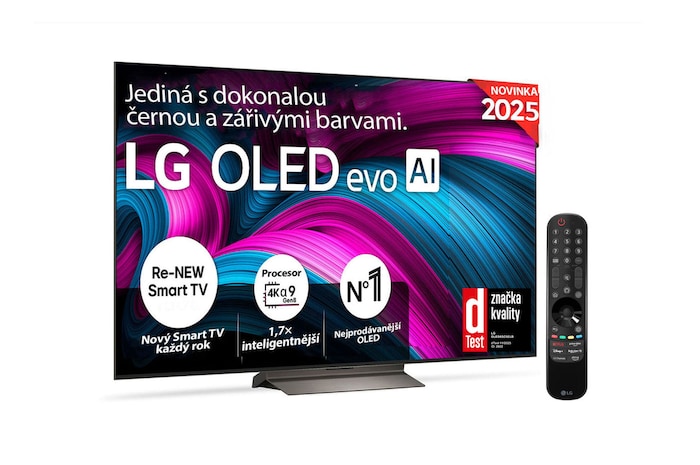 Čelní pohled na LG OLED evo AI C5 4K Smart TV. Na obrazovce je emblém 12 let světové jedničky OLED a logo LG OLED evo AI 2025.