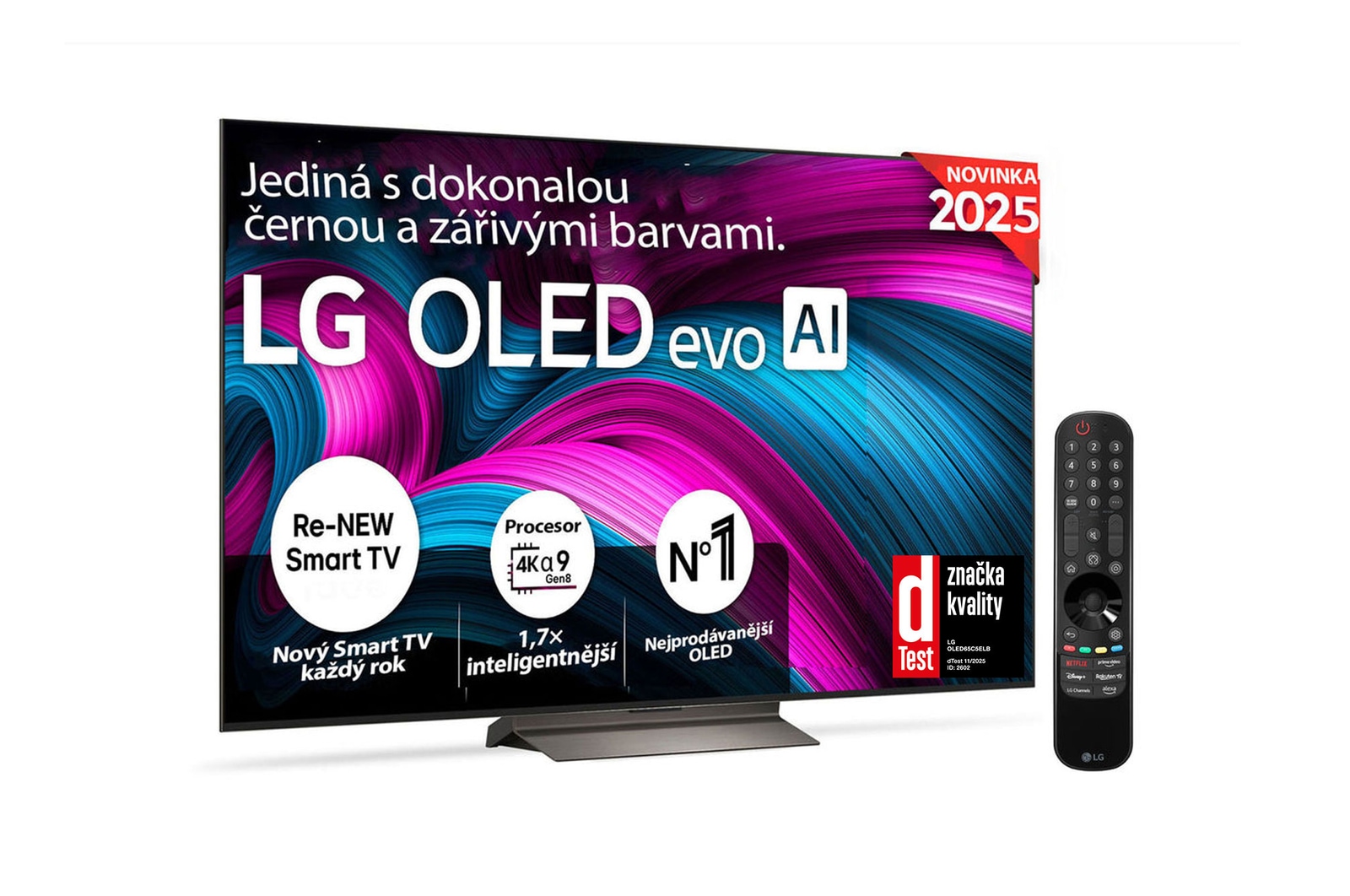 Čelní pohled na LG OLED evo AI C5 4K Smart TV. Na obrazovce je emblém 12 let světové jedničky OLED a logo LG OLED evo AI 2025.
