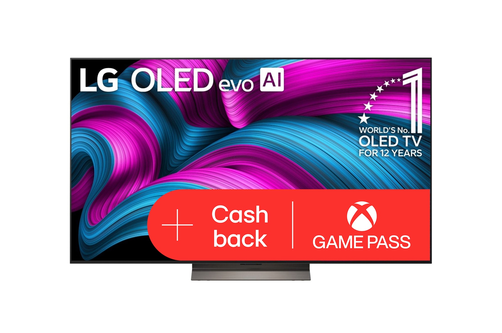 Čelní pohled na LG OLED evo AI C5 4K Smart TV. Na obrazovce je emblém 12 let světové jedničky OLED a logo LG OLED evo AI 2025.