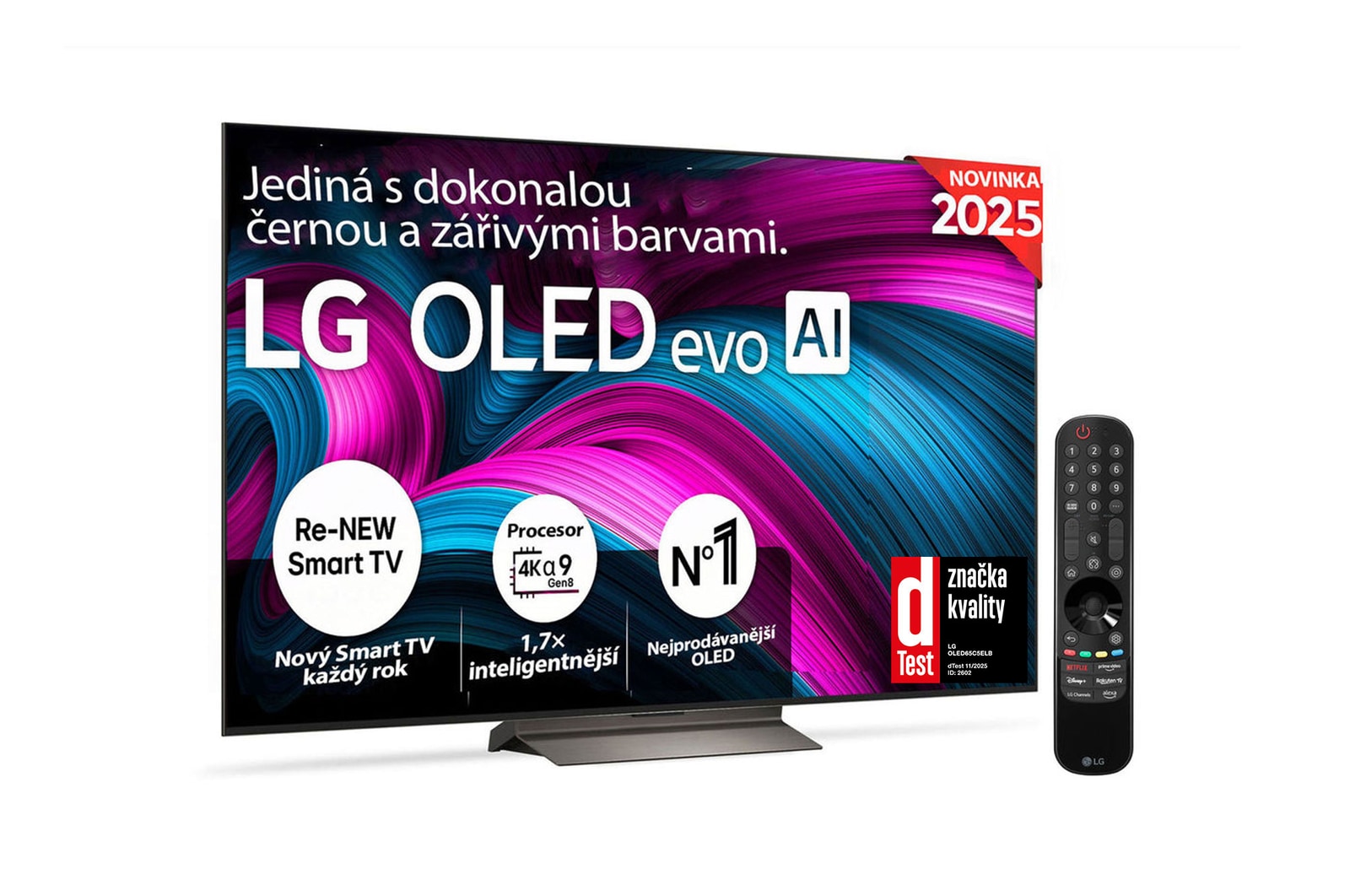 Čelní pohled na LG OLED evo AI C5 4K Smart TV. Na obrazovce je emblém 12 let světové jedničky OLED a logo LG OLED evo AI 2025.