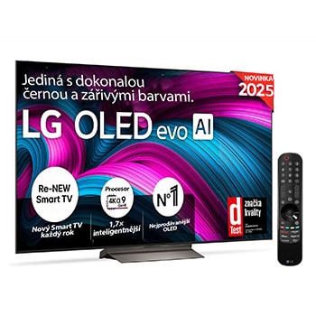 Čelní pohled na LG OLED evo AI C5 4K Smart TV. Na obrazovce je emblém 12 let světové jedničky OLED a logo LG OLED evo AI 2025.