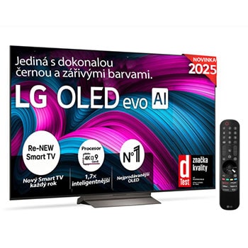 Čelní pohled na LG OLED evo AI C5 4K Smart TV. Na obrazovce je emblém 12 let světové jedničky OLED a logo LG OLED evo AI 2025.