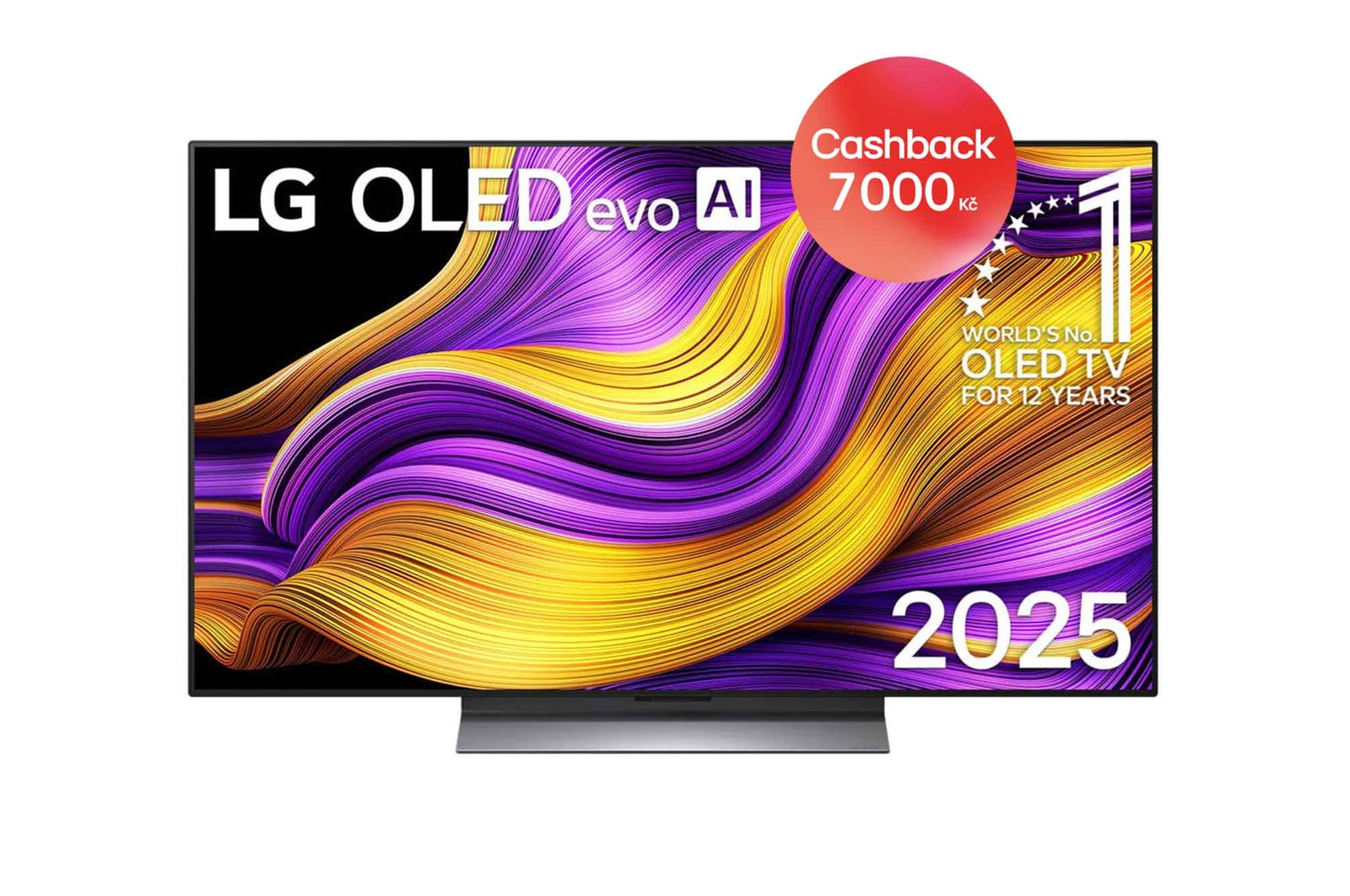 Čelní pohled na LG OLED evo AI C5 4K Smart TV. Na obrazovce je emblém 12 let světové jedničky OLED a logo LG OLED evo AI 2025.