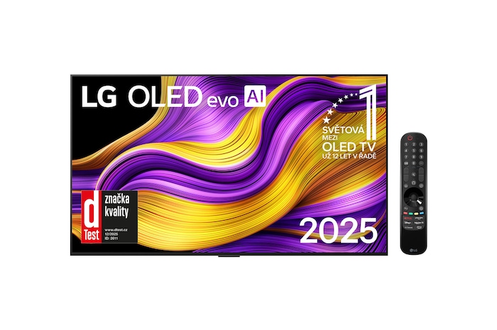 Čelní pohled na LG OLED evo AI C5 4K Smart TV. Na obrazovce je emblém 12 let světové jedničky OLED a logo LG OLED evo AI 2025.