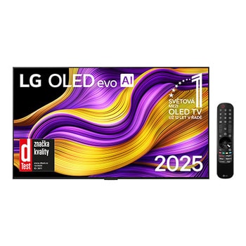 Čelní pohled na LG OLED evo AI G5 4K Smart TV. Na obrazovce je emblém 12 let světové jedničky OLED a logo LG OLED evo AI 2025.