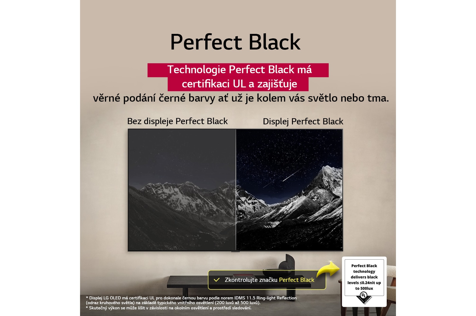Obývací pokoj s televizorem LG OLED TV připevněným na stěně. Na televizoru je vidět horský masiv na pozadí temné večerní oblohy plné hvězd. Scéna rozdělená na dvě části demonstruje, jak technologie Perfect Black zajišťuje věrné podání černé barvy, ať už je kolem vás světlo nebo tma. Na jedné straně scény je tlumenější, šedší verze krajiny s popiskem „Matný displej“. Na druhé straně je obraz příjemnější a má větší dynamický rozsah černé a bílé. Nese označení Perfect Black. Viditelná je také certifikace loga, technologie Perfect Black zajišťuje úroveň černé barvy nižší nebo rovnou 0,24 nit až do 500 luxů. Po straně je textová bublina s nápisem Podívejte se na značku certifikace Perfect Black.