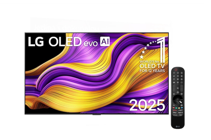 Čelní pohled na LG OLED evo AI C5 4K Smart TV. Na obrazovce je emblém 12 let světové jedničky OLED a logo LG OLED evo AI 2025.