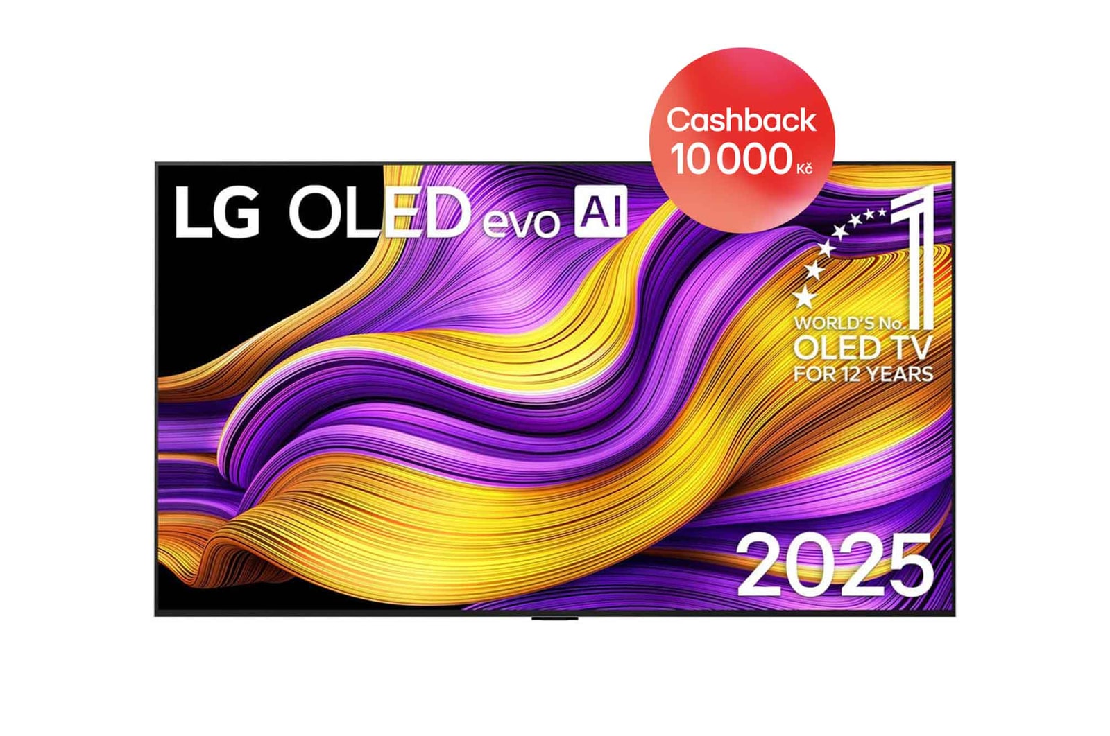 Čelní pohled na LG OLED evo AI C5 4K Smart TV. Na obrazovce je emblém 12 let světové jedničky OLED a logo LG OLED evo AI 2025.