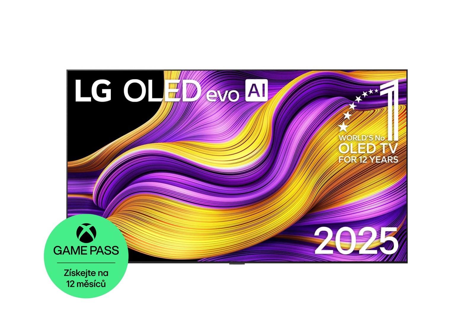 Čelní pohled na LG OLED evo AI C5 4K Smart TV. Na obrazovce je emblém 12 let světové jedničky OLED a logo LG OLED evo AI 2025.
