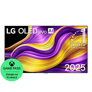 Čelní pohled na LG OLED evo AI C5 4K Smart TV. Na obrazovce je emblém 12 let světové jedničky OLED a logo LG OLED evo AI 2025.