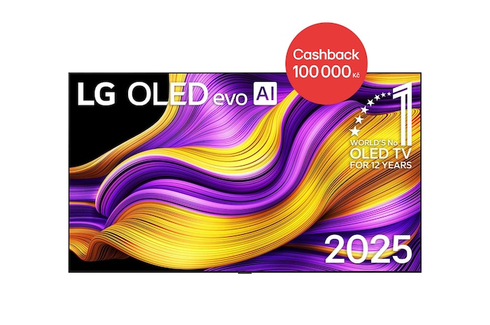 Čelní pohled na LG OLED evo AI G5 4K Smart TV. Na obrazovce je emblém 12 let světové jedničky OLED a logo LG OLED evo AI 2025.