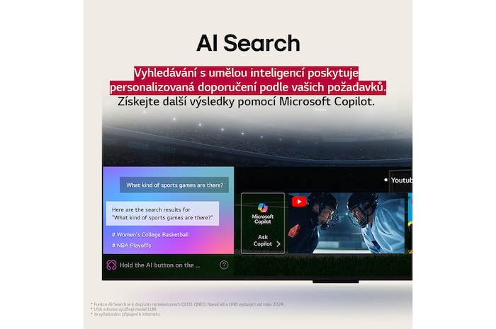 Dálkový ovladač LG AI Magic Remote se zvýrazněným tlačítkem AI. Kolem jsou zobrazeny různé funkce, ke kterým má uživatel přístup pomocí tohoto tlačítka. AI Voice ID, AI Search, AI Chatbot, AI Concierge, AI Picture Wizard, AI Sound Wizard. Text vysvětluje, žeovladač LG AI Magic Remote doplňuje váš zážitek s umělou inteligencí o speciální tlačítko s umělou inteligencí a lze jej používat jako myš. Stačí ukázat a kliknout.