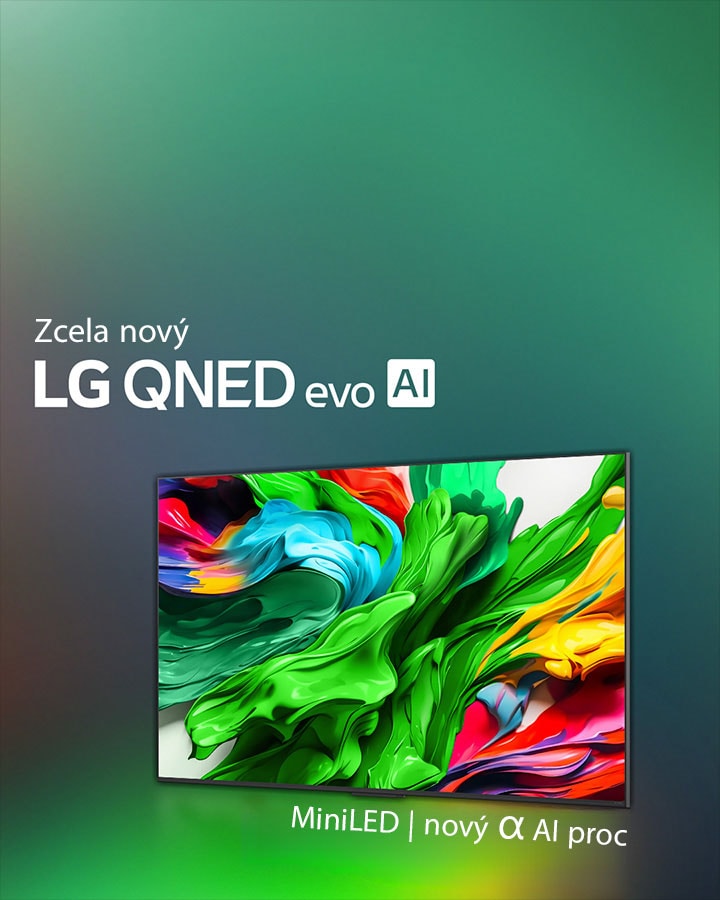 LG QNED TV na barevném tmavém pozadí. Na obrazovce je jasné a barevné umělecké dílo, které předvádí barevnou technologii QNED a schopnost zobrazit široké spektrum odstínů s výborným kontrastem. Zobrazeno nové logo LG QNED evo AI. S titulky vyzdvihujícími MiniLED technologii QNED a nový procesor alpha AI. Nadpis uvádí: Každá barva je redefinována, začíná nový zážitek.