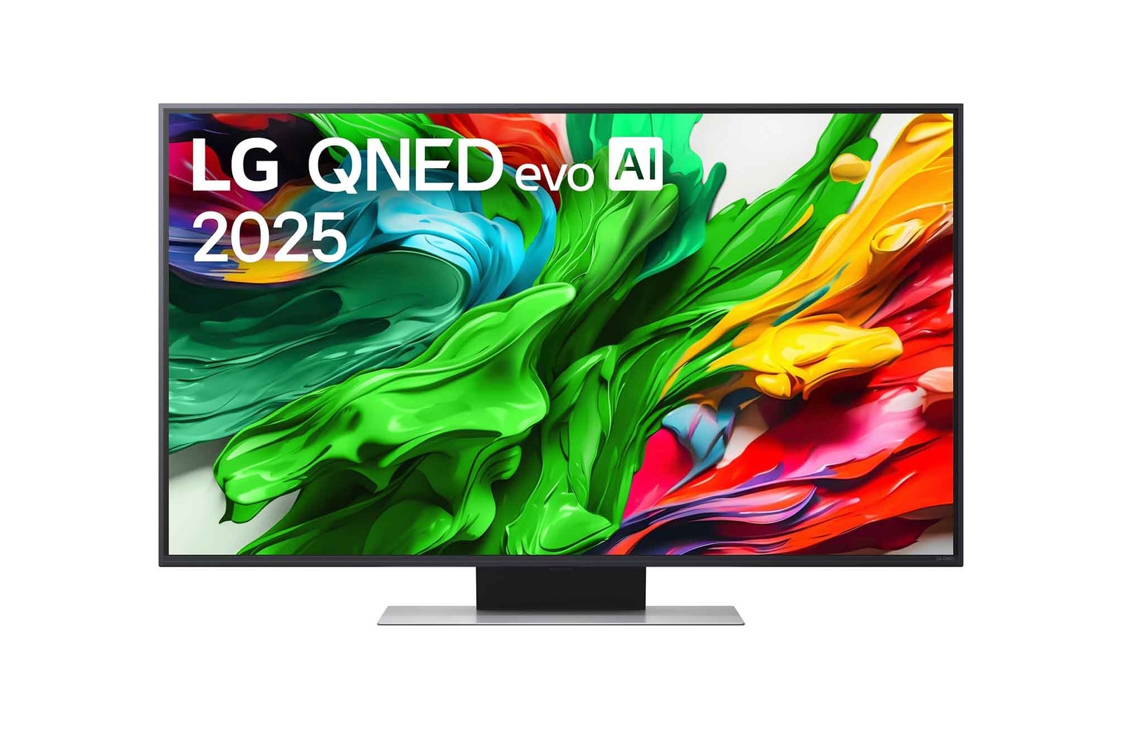 Front view of LG QNED evo QNED85 TV, LG QNED evo Al Logo on the top corner. LG QNED evo QNED85 TV depicts colorful paintike textures coming together.