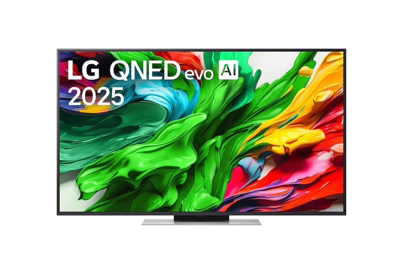 Front view of LG QNED evo QNED85 TV, LG QNED evo Al Logo on the top corner. LG QNED evo QNED85 TV depicts colorful paintike textures coming together.