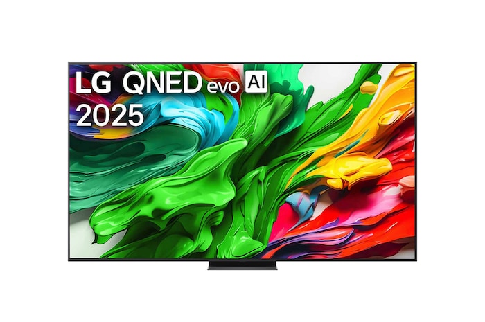 Pohled na LG QNED evo QNED86 TV zepředu, logo LG QNED evo Al v horním rohu. LG QNED evo QNED86 TV zobrazuje barevné kreslené textury, které se spojují.