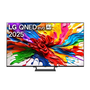 Pohled na LG QNED evo QNED92 TV zepředu, logo LG QNED evo Al v horním rohu. Televizor LG QNED evo zobrazuje barevné kreslené textury, které se spojují.