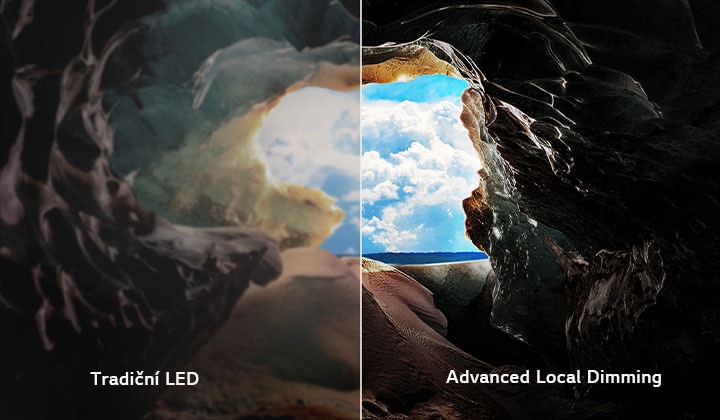 Pohled z vnitřku jeskyně směrem k jejímu vchodu, kde je vidět modrá obloha a horizont. Celá scéna je rozdělena na polovinu, aby demonstrovala schopnosti Advanced Local Dimming technologie QNED. Na jedné polovině jsou barvy a detaily vybledlé a obraz působí zamlženě. Popisek uvádí: Tradiční LED. Druhá strana má skvělou černou, lepší kontrast, jas a barvy. Popisek uvádí: Advanced Local Dimming.