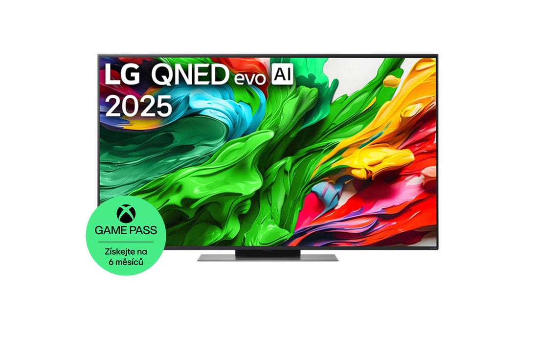 Pohled na LG QNED evo QNED85 TV zepředu, logo LG QNED evo Al v horním rohu. LG QNED evo QNED85 TV zobrazuje barevné kreslené textury, které se spojují.