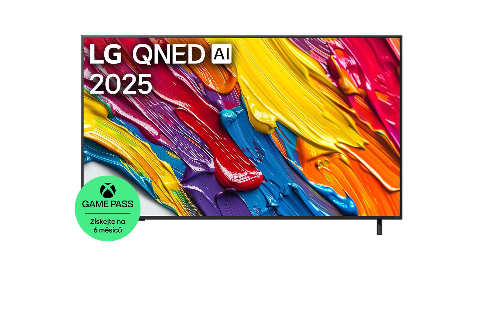 Pohled na televizor LG QNED82 TV zepředu, logo LG QNED Al v horním rohu. LG QNED TV zobrazuje barevné kreslené textury, které se spojují.