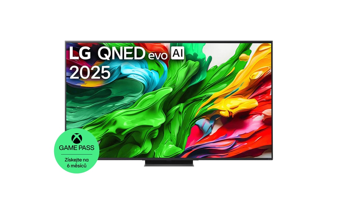 Pohled na LG QNED evo QNED85 TV zepředu, logo LG QNED evo Al v horním rohu. LG QNED evo QNED85 TV zobrazuje barevné kreslené textury, které se spojují.